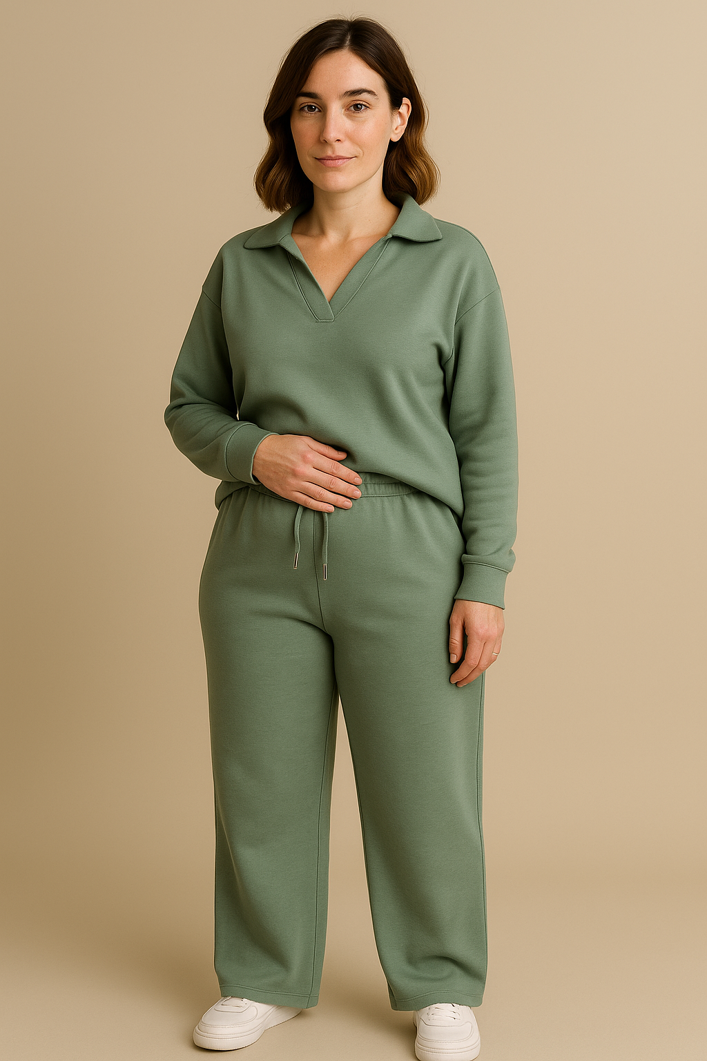 Casual 2 Piece Set Top and High Waisted Trousers in Green