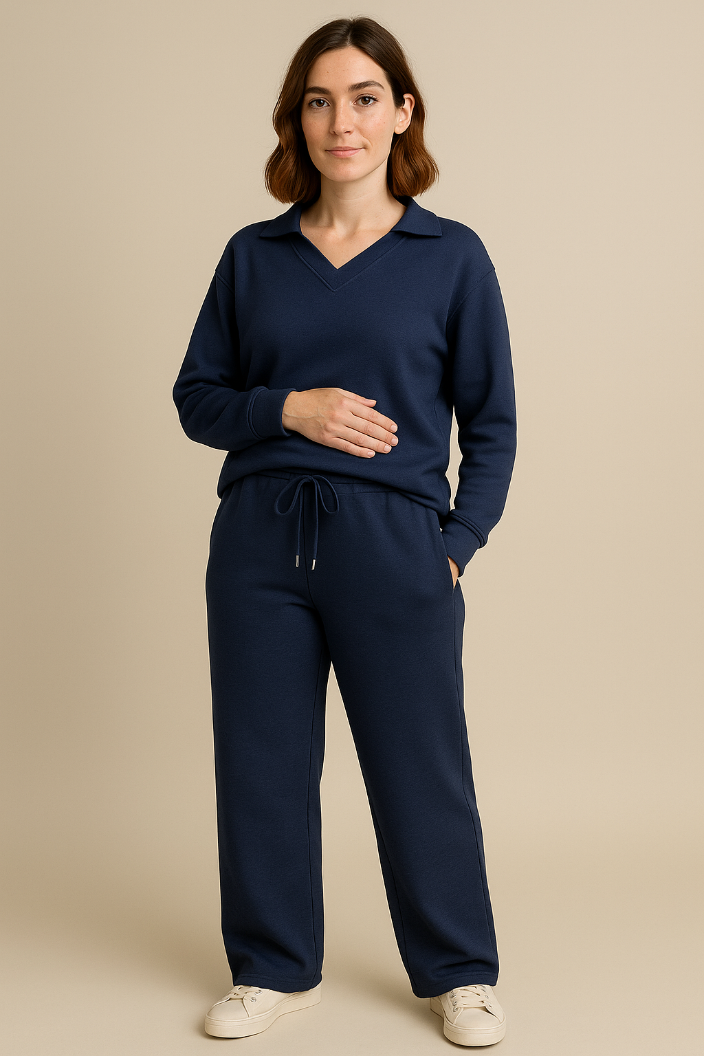 Casual 2 Piece Set Top and High Waisted Trousers in Navy
