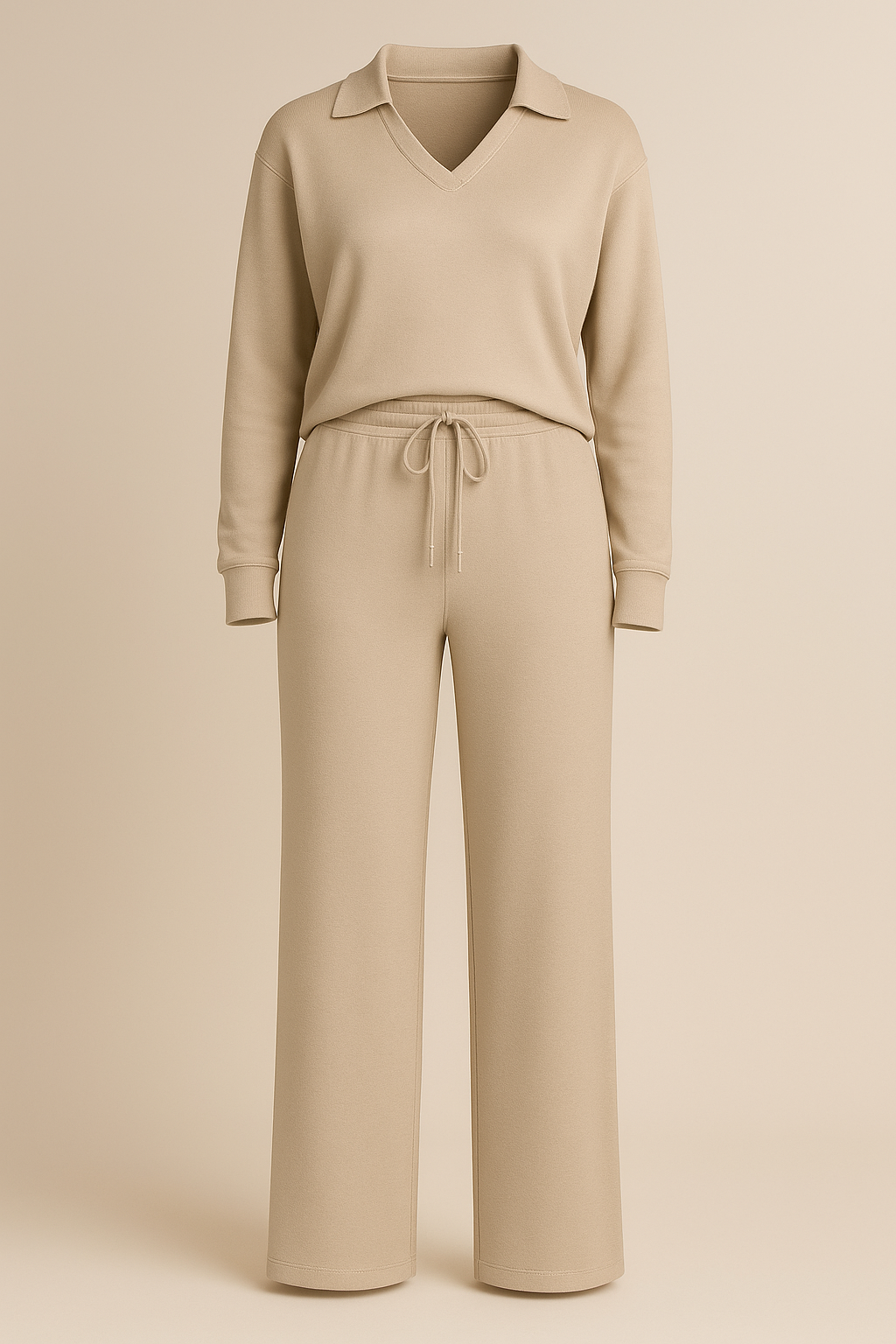 Casual 2 Piece Set Top and High Waisted Trousers in Light Khaki