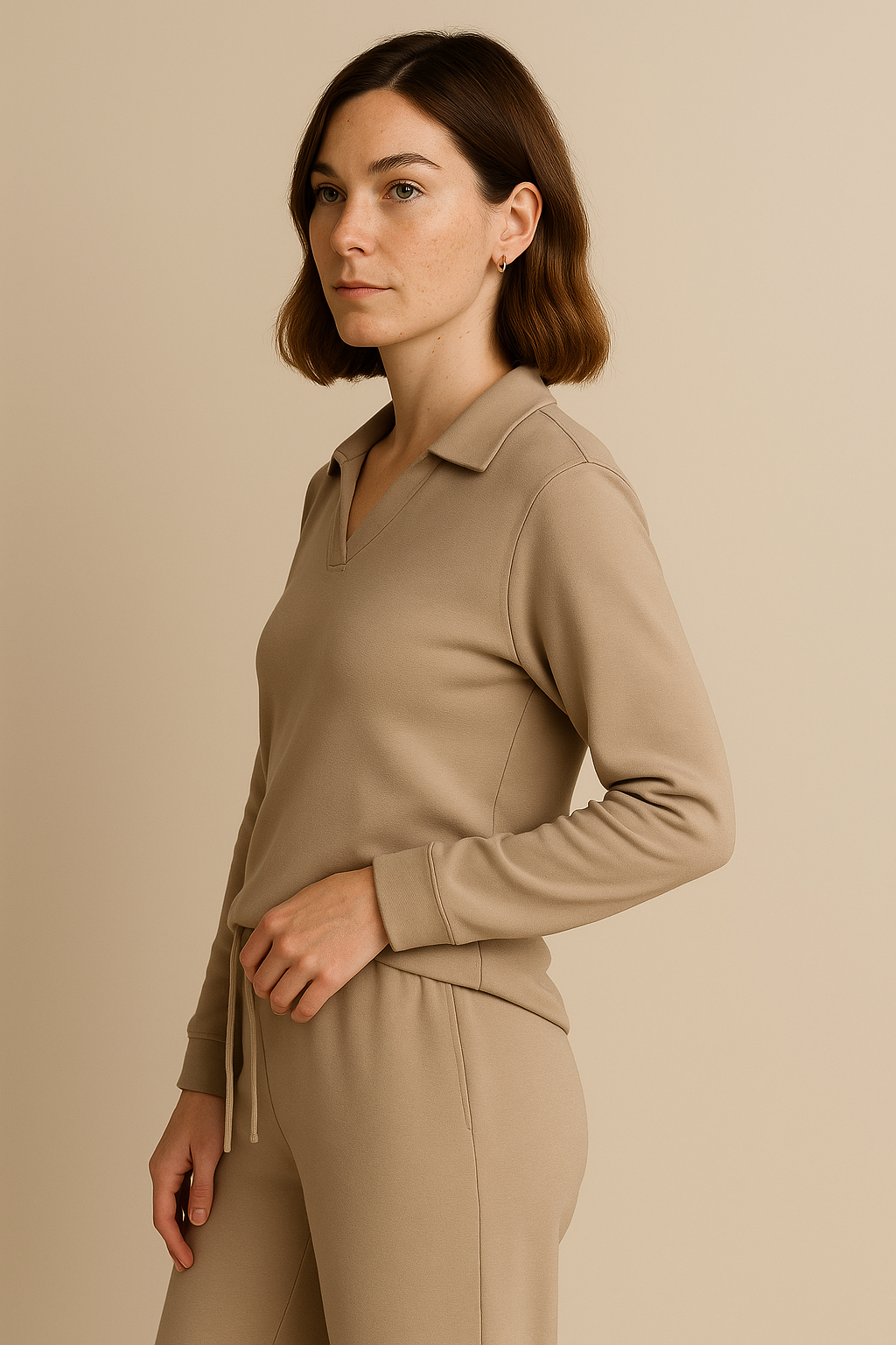 Casual 2 Piece Set Top and High Waisted Trousers in Light Khaki