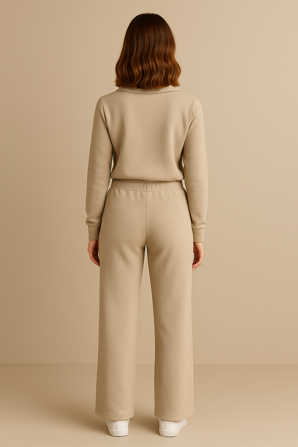 Casual 2 Piece Set Top and High Waisted Trousers in Light Khaki