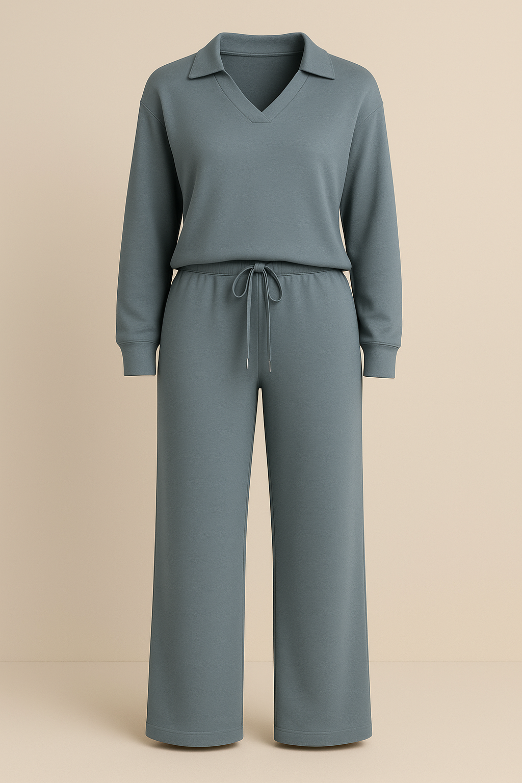 Casual 2 Piece Set Top and High Waisted Trousers in Bluish Gray