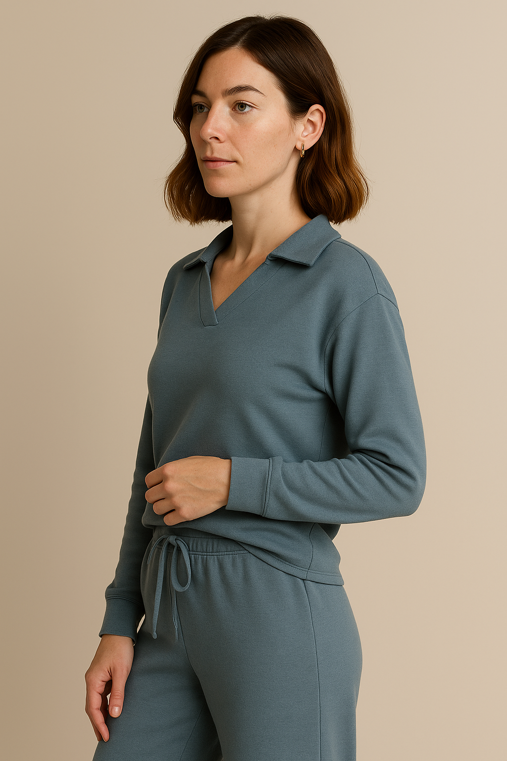 Casual 2 Piece Set Top and High Waisted Trousers in Bluish Gray