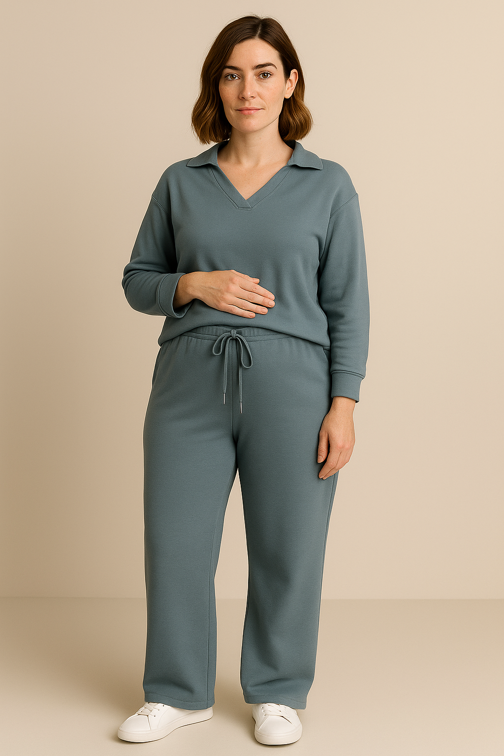 Casual 2 Piece Set Top and High Waisted Trousers in Bluish Gray