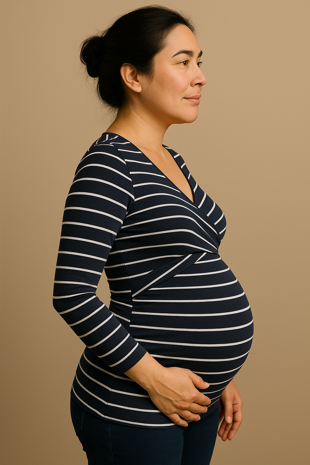 Deep V Neck Maternity Top Long Sleeves Stylish Nursing Blue
