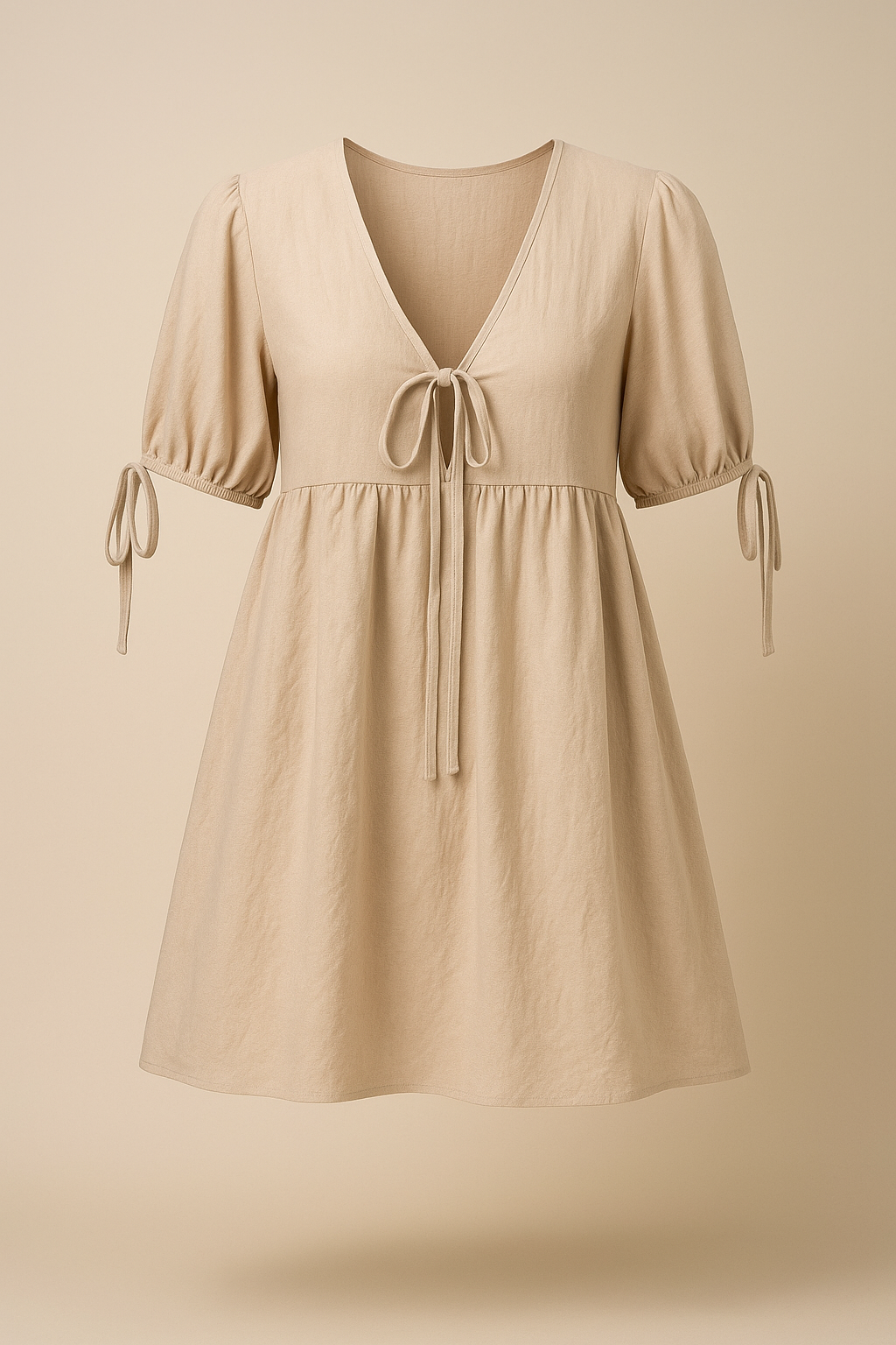 Khaki Cotton V Neck Tie Front Mini Dress Women Puff Sleeve