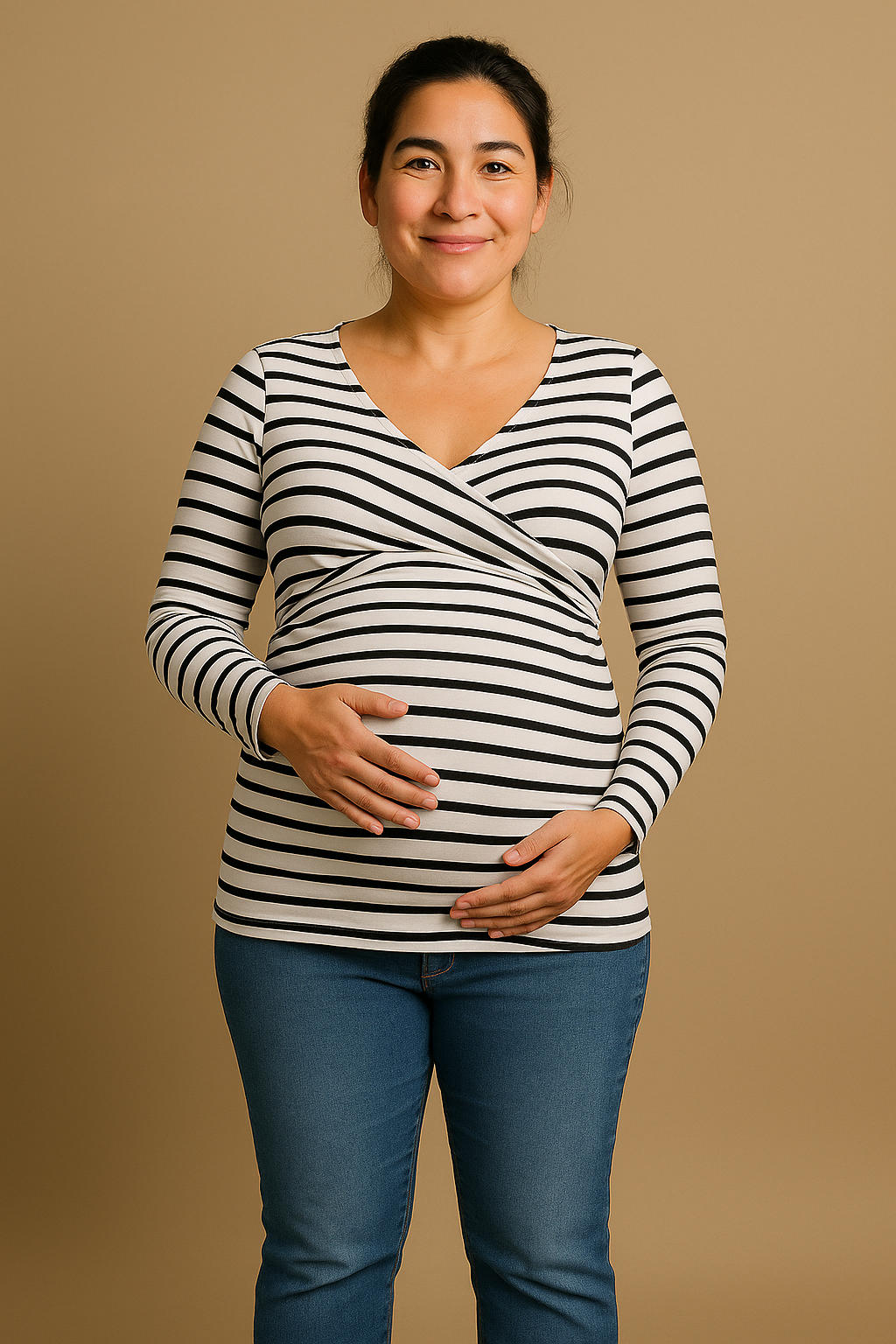 Deep V Neck Maternity Top Long Sleeves Stylish Nursing White