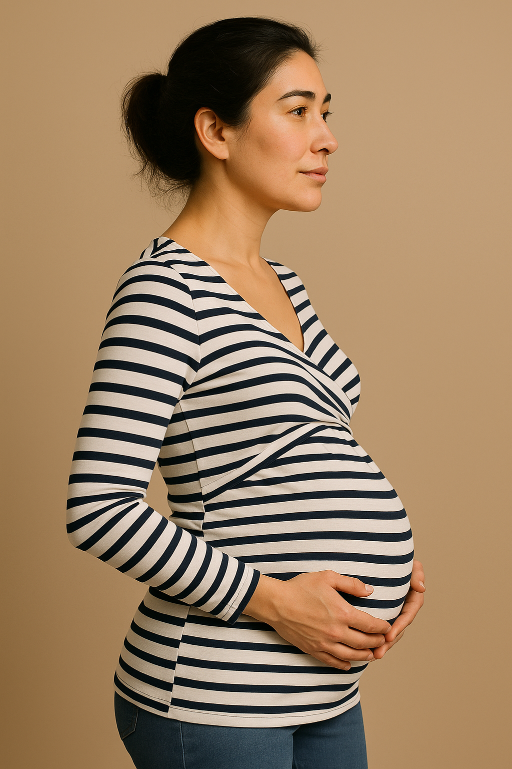 Deep V Neck Maternity Top Long Sleeves Stylish Nursing White