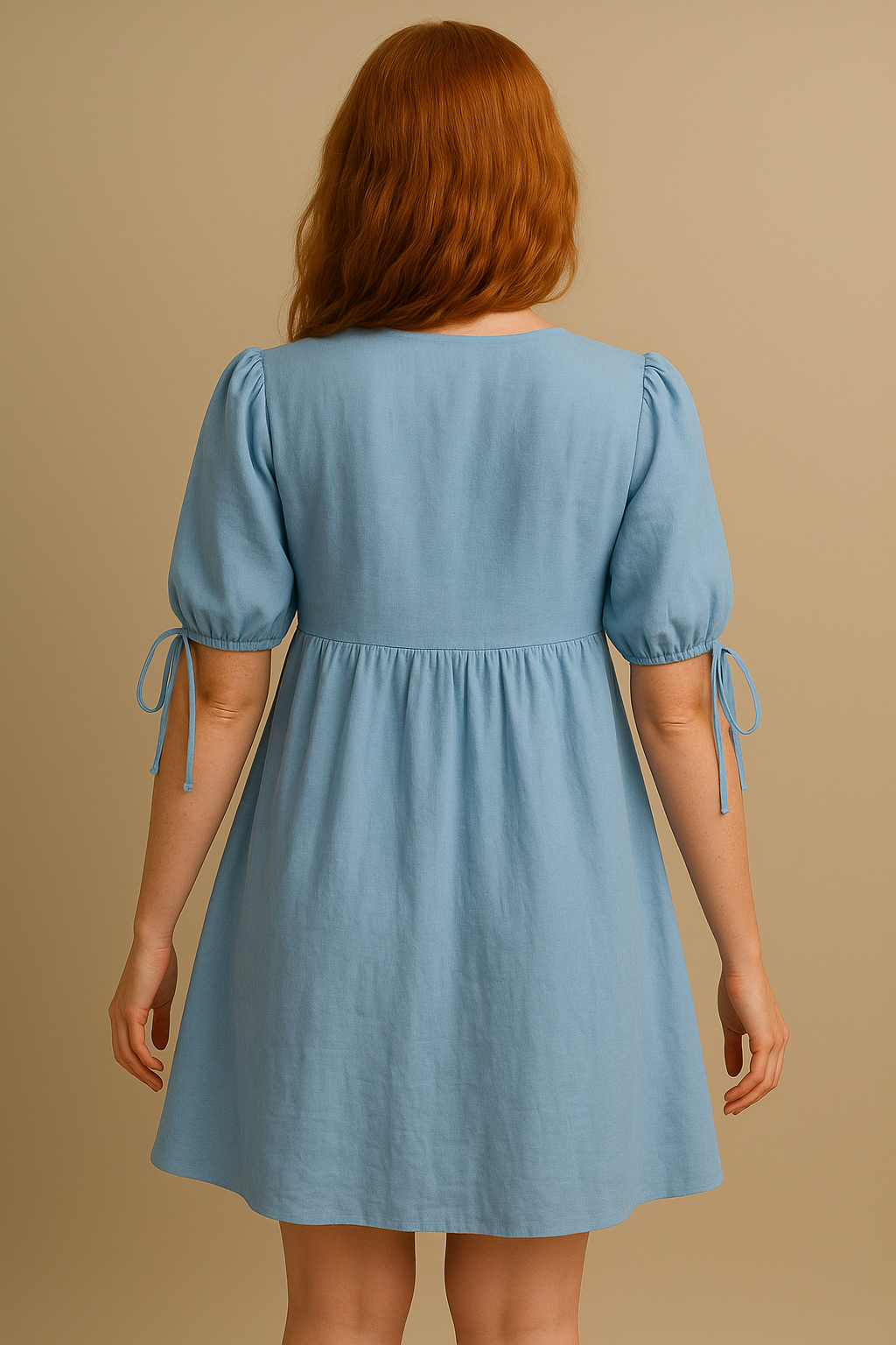 Blue Cotton V Neck Tie Front Mini Dress Women Puff Sleeves