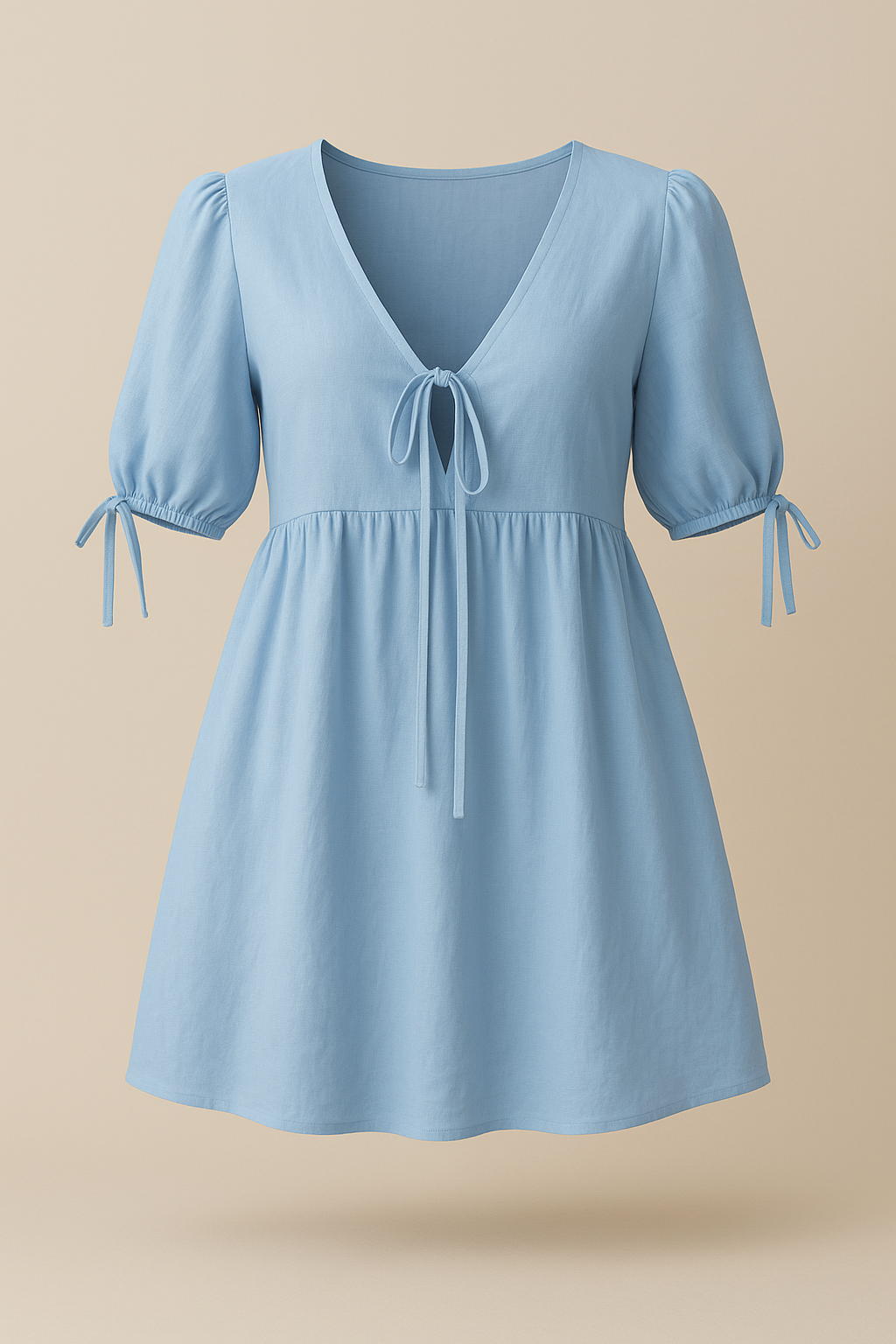 Blue Cotton V Neck Tie Front Mini Dress Women Puff Sleeves