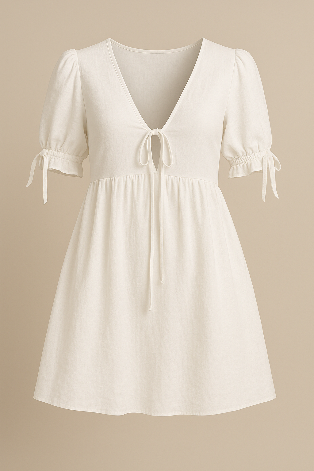 White Cotton V Neck Tie Front Mini Dress Women Puff Sleeve
