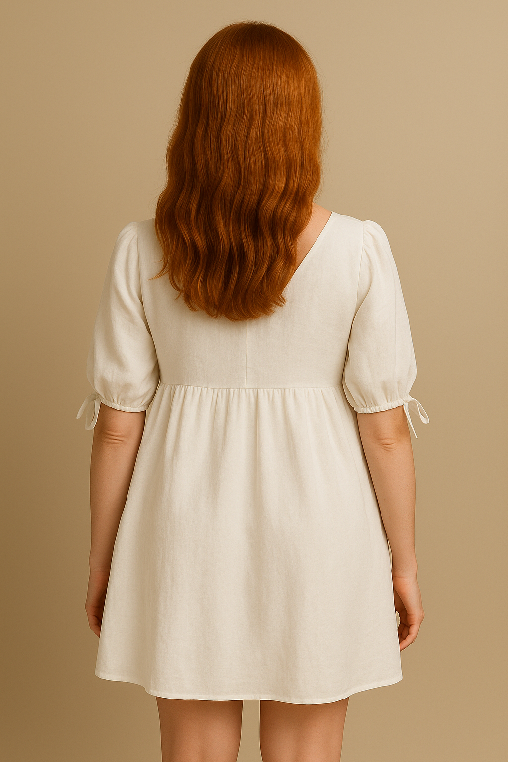 White Cotton V Neck Tie Front Mini Dress Women Puff Sleeve