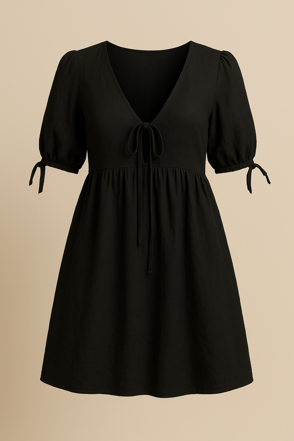 Black Cotton V Neck Tie Front Mini Dress Women Puff Sleeve