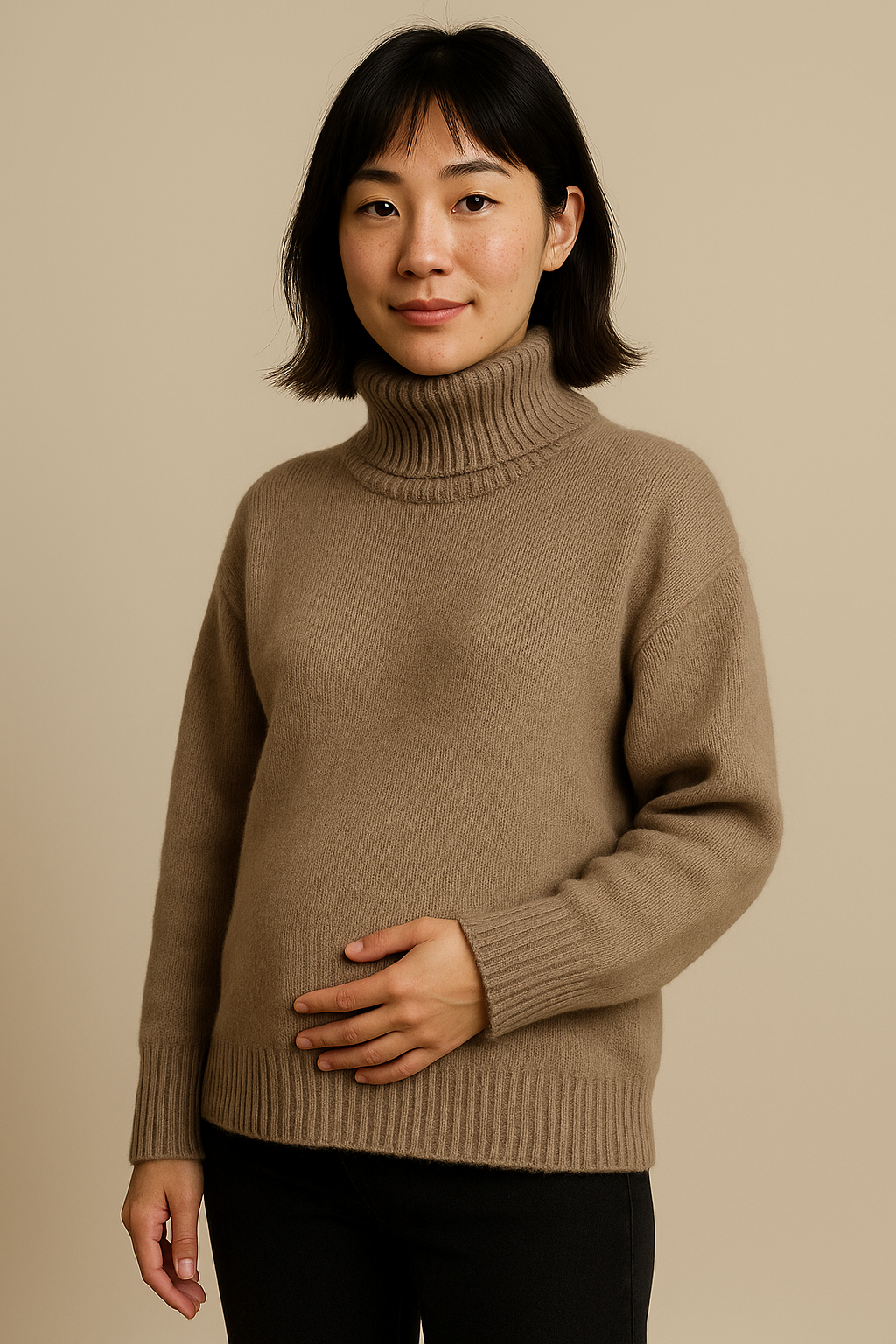 Maternity Cozy Cashmere-Touch Turtleneck Sweater in Khaki