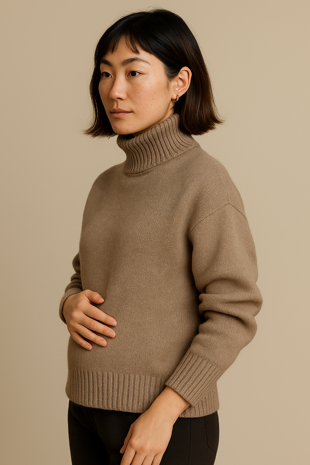 Maternity Cozy Cashmere-Touch Turtleneck Sweater in Khaki