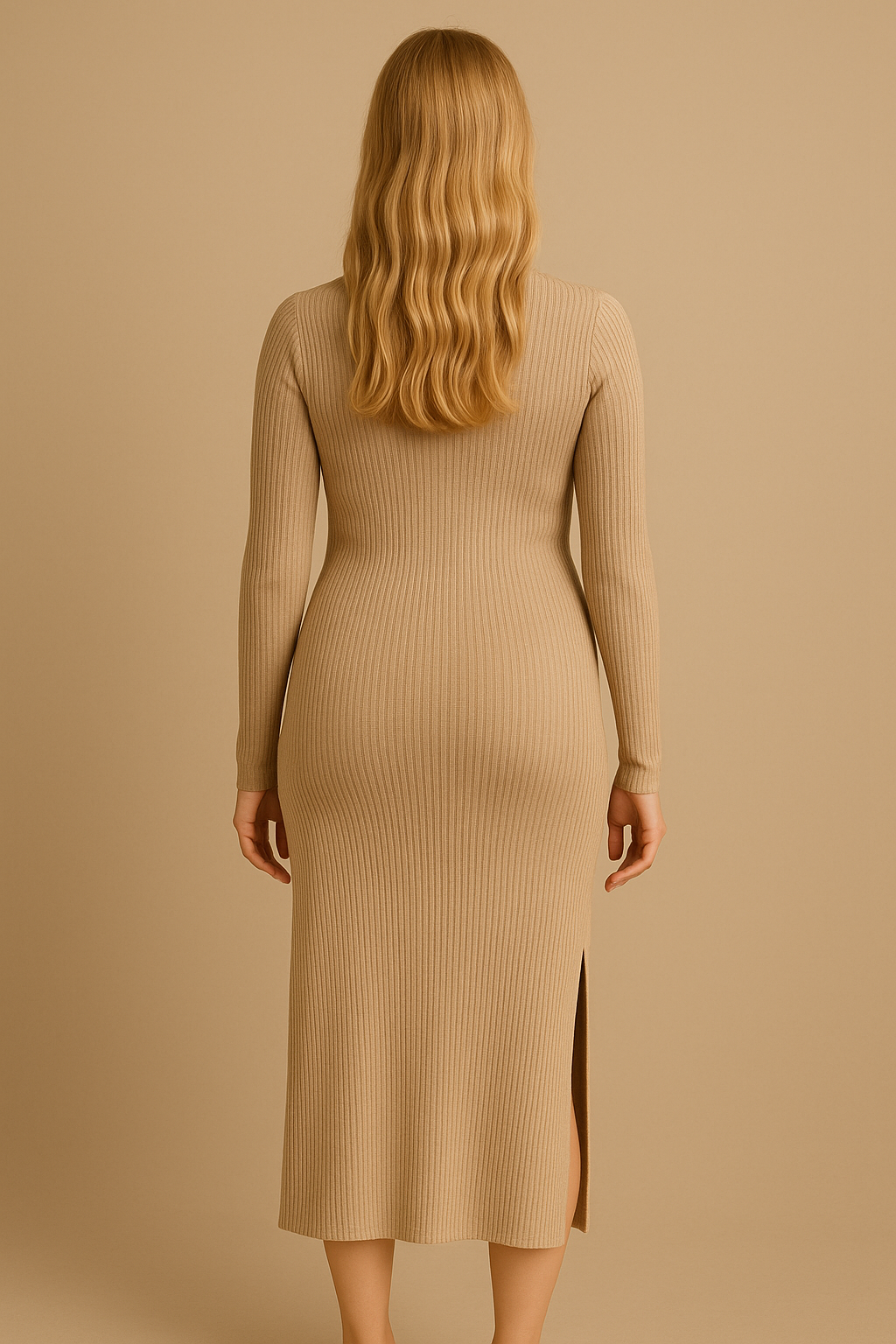Slim-Fitting Long-Sleeved Maternity Knit Dress in Beige