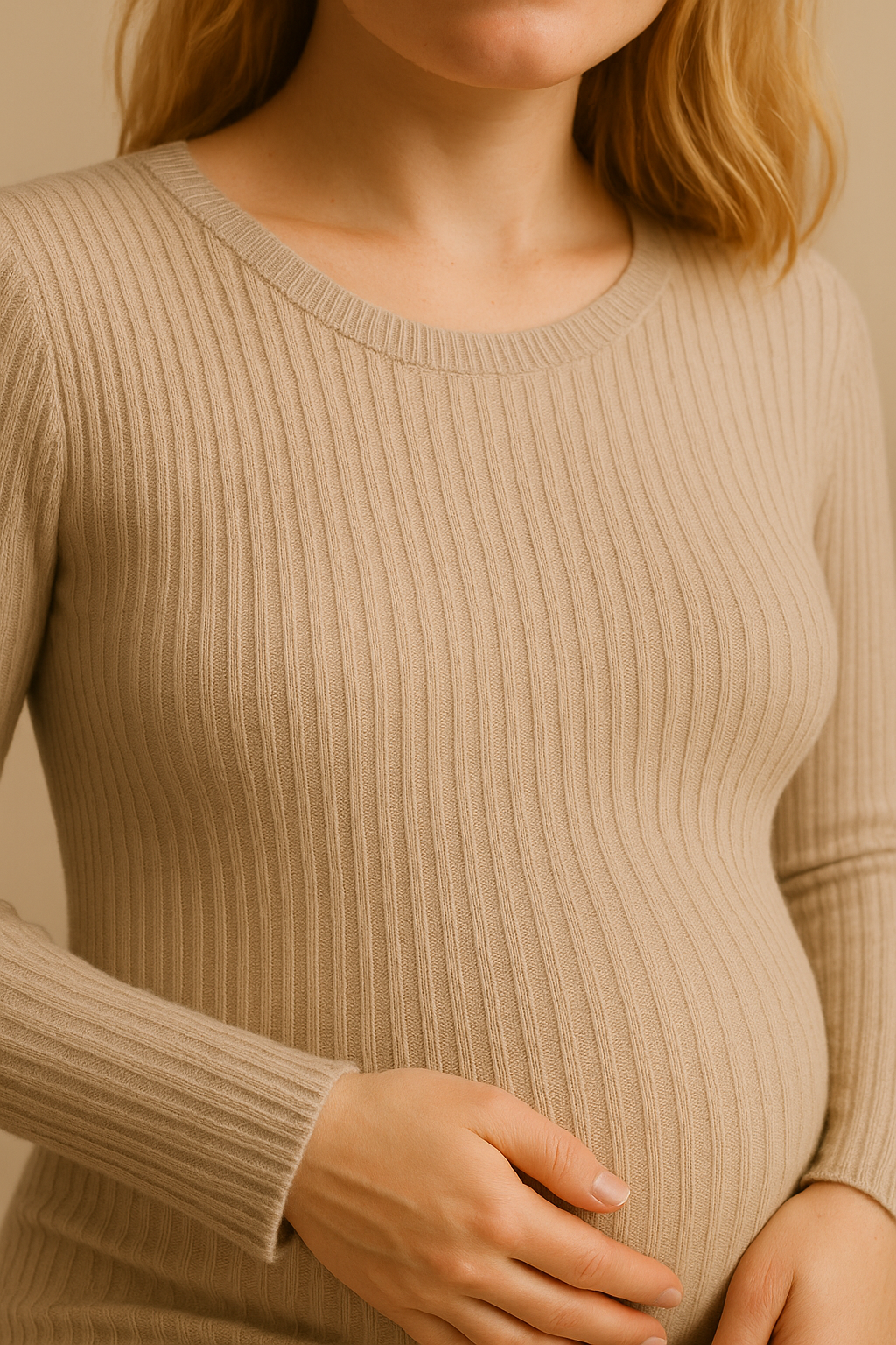 Slim-Fitting Long-Sleeved Maternity Knit Dress in Beige