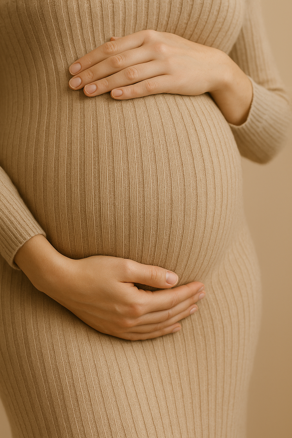 Slim-Fitting Long-Sleeved Maternity Knit Dress in Beige