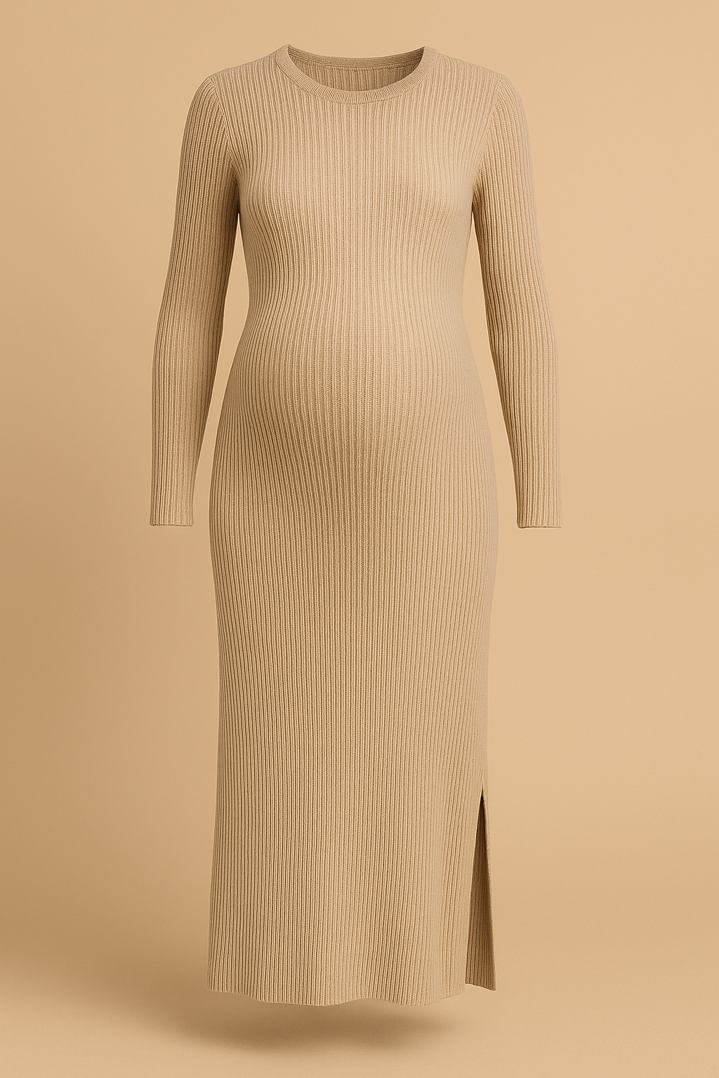 Slim-Fitting Long-Sleeved Maternity Knit Dress in Beige