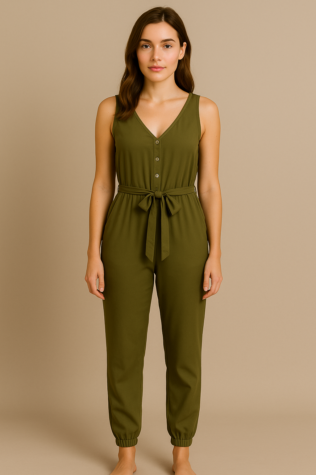 Green Postpartum Sleeveless Jumpsuit for Women Tie Waist Pocket