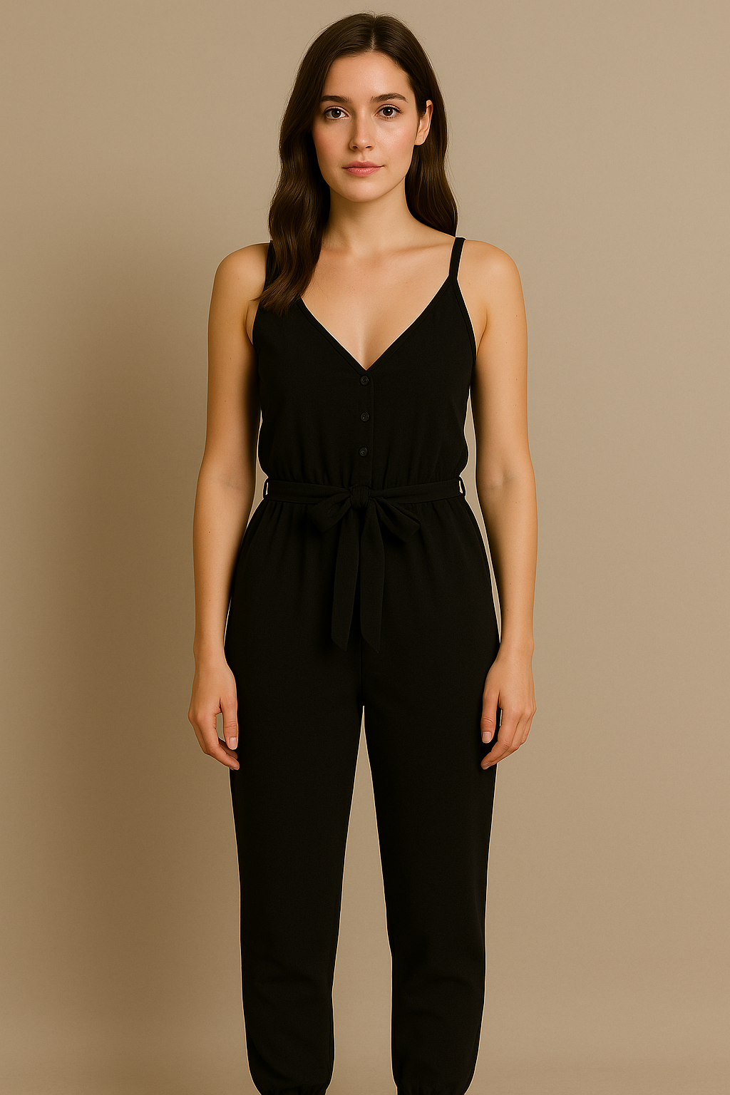 Black Postpartum Sleeveless Jumpsuit for Women Tie Waist Pockets