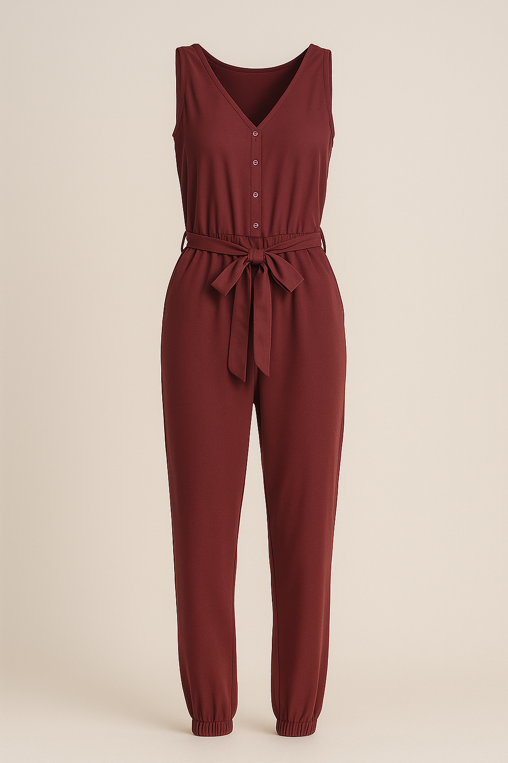 Red Postpartum Sleeveless Jumpsuit for Women Tie Waist Pocket