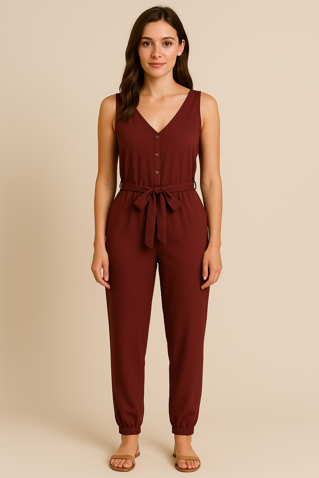 Red Postpartum Sleeveless Jumpsuit for Women Tie Waist Pocket