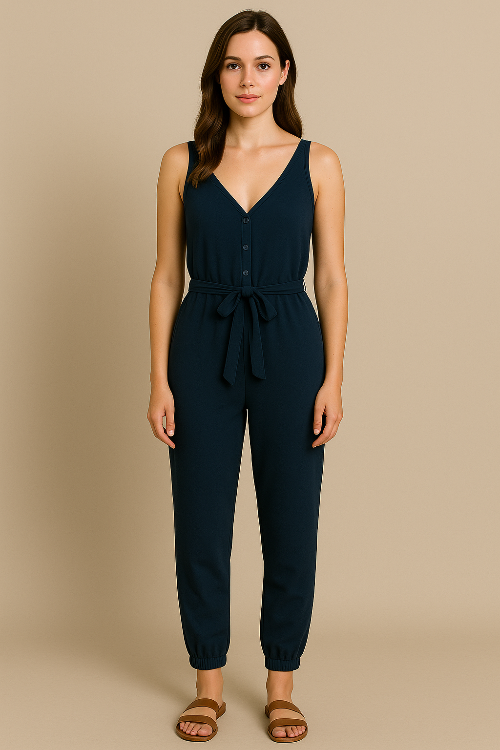 Blue Postpartum  Sleeveless Jumpsuit for Women Tie Waist Pocket