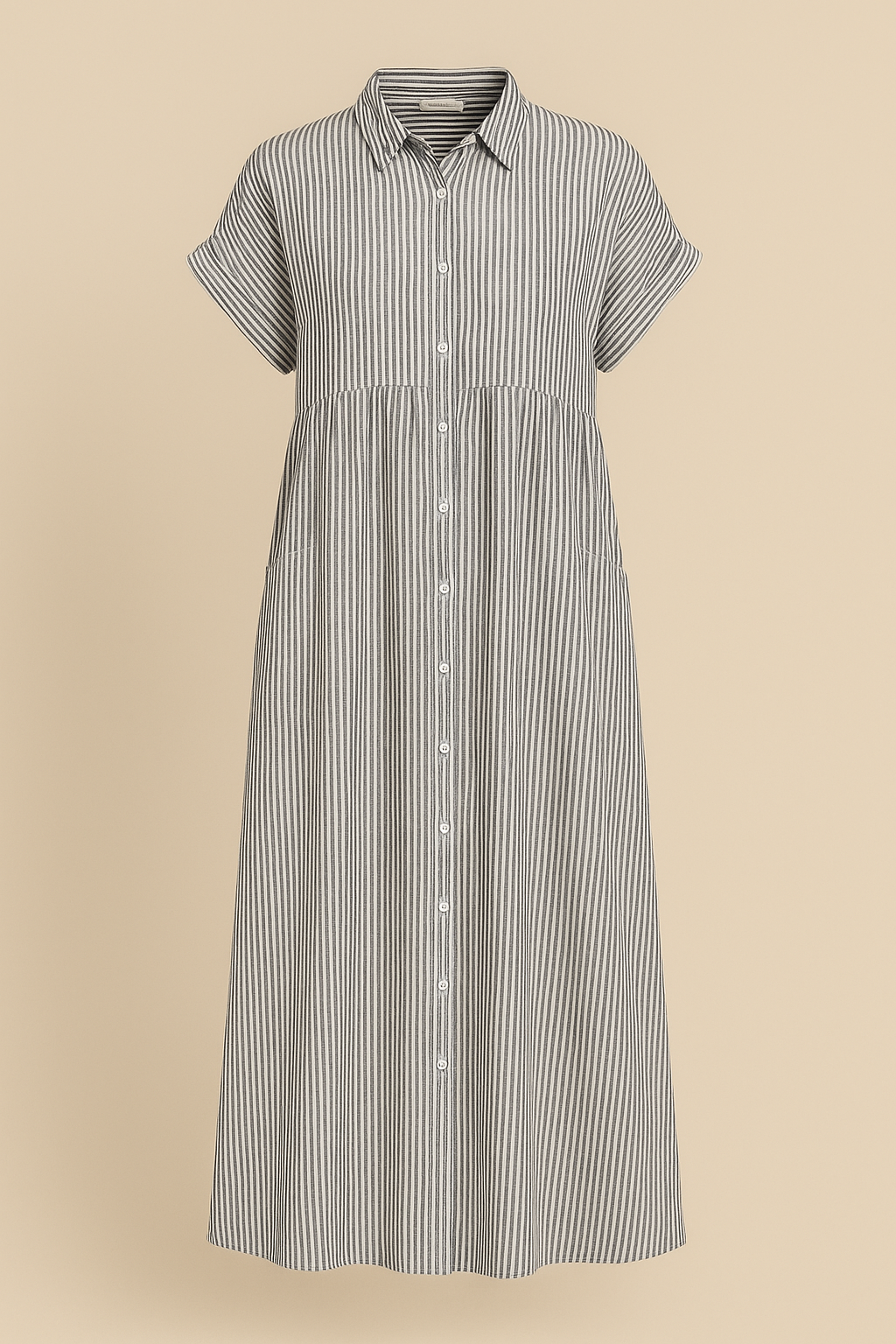 Gray Striped Long Sleeve Maxi Dress with Classic Collar