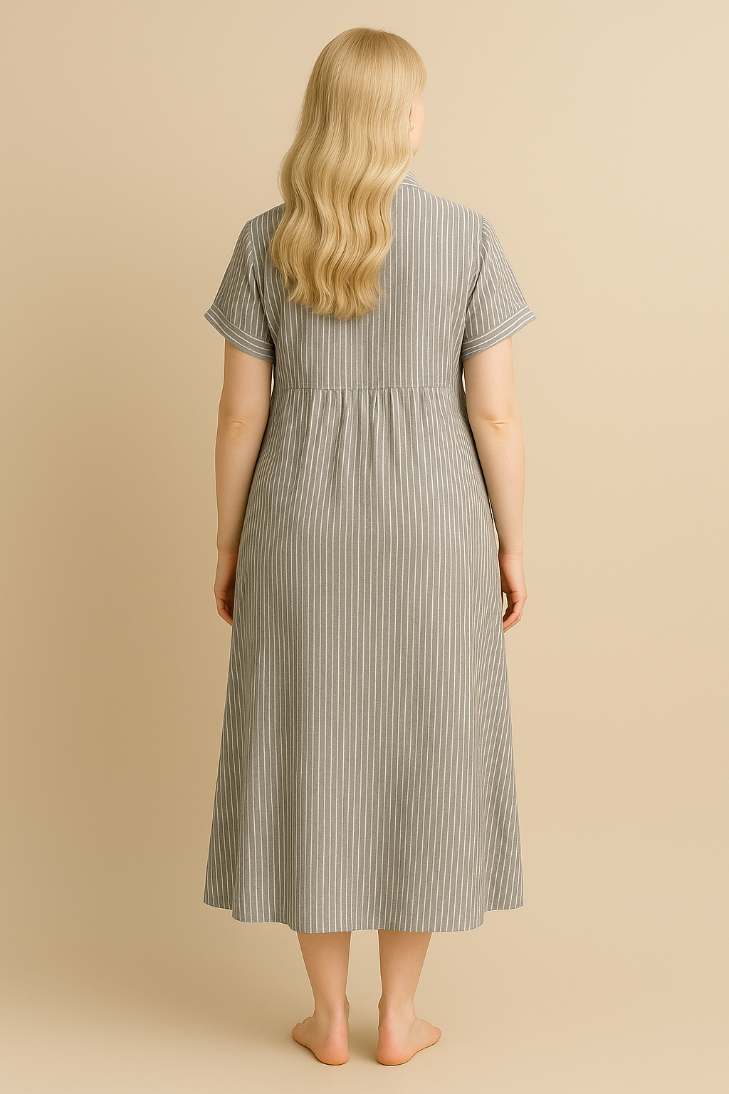 Gray Striped Long Sleeve Maxi Dress with Classic Collar