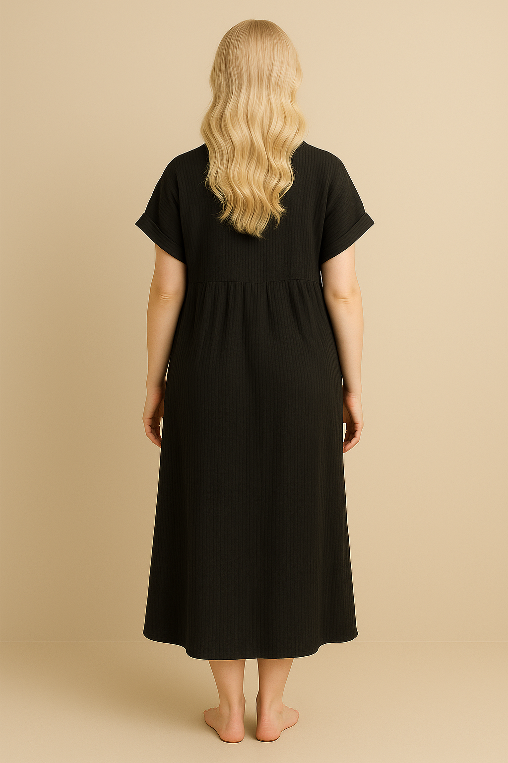 Black Striped Long Sleeve Maxi Dress with Classic Collar