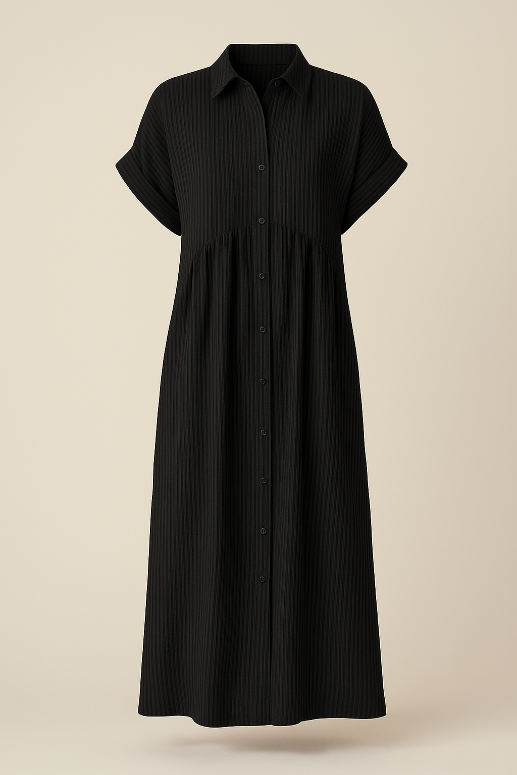 Black Striped Long Sleeve Maxi Dress with Classic Collar