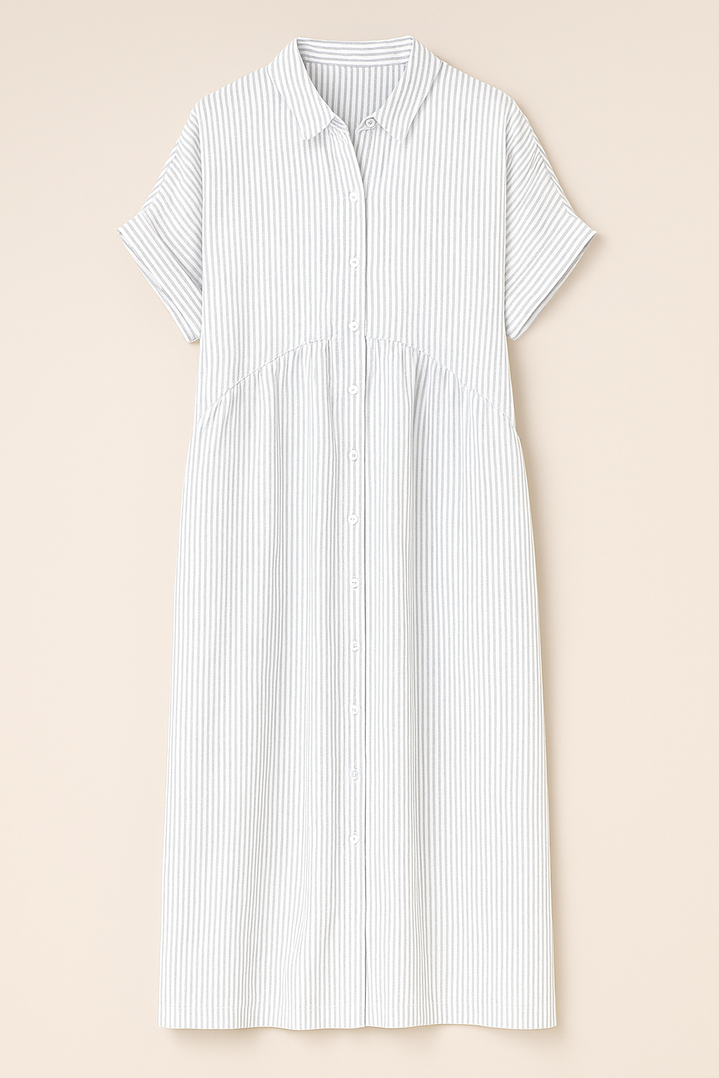 White Striped Long Sleeve Maxi Dress with Classic Collar