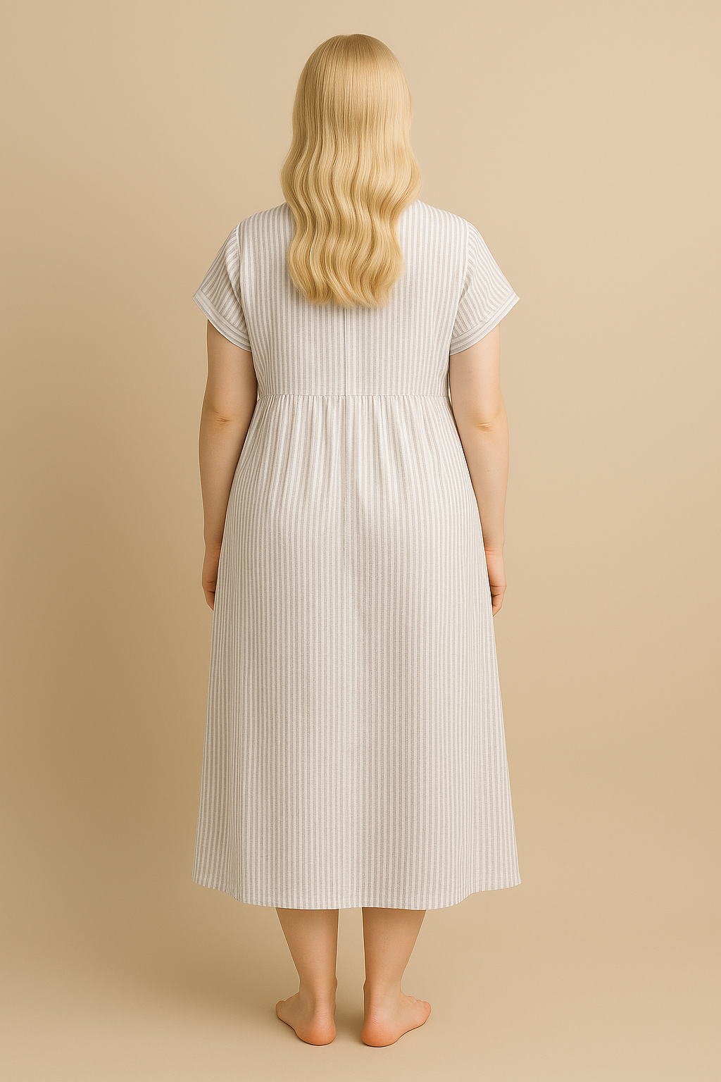 White Striped Long Sleeve Maxi Dress with Classic Collar