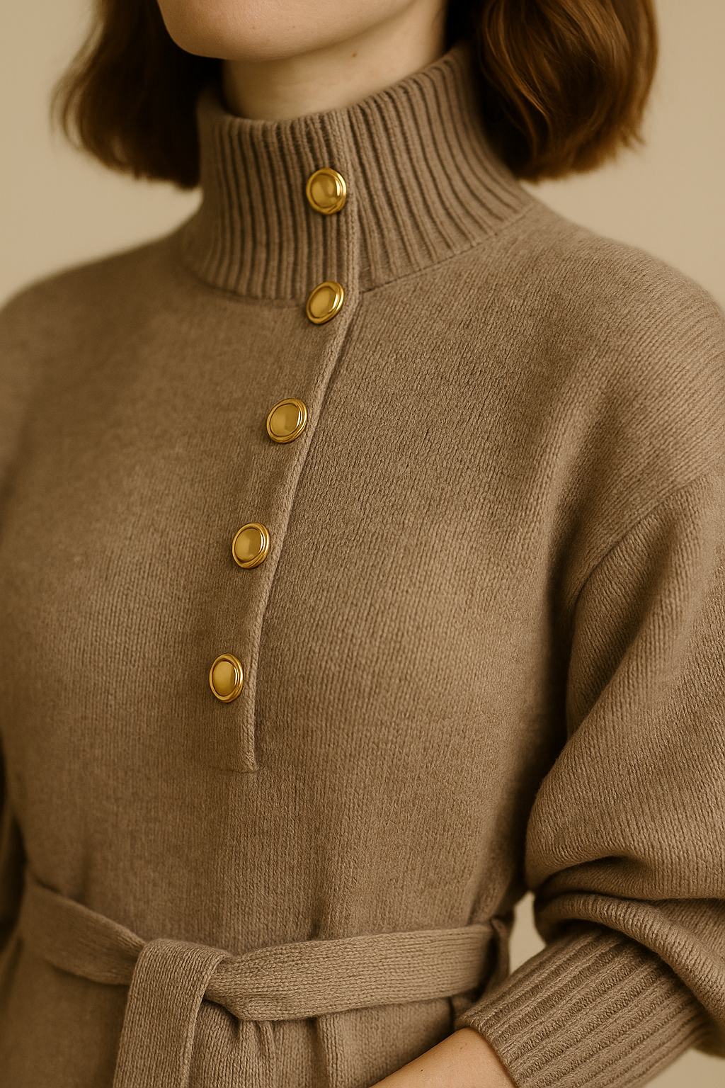Funnel Neck Sweater Dress for Women in Khaki