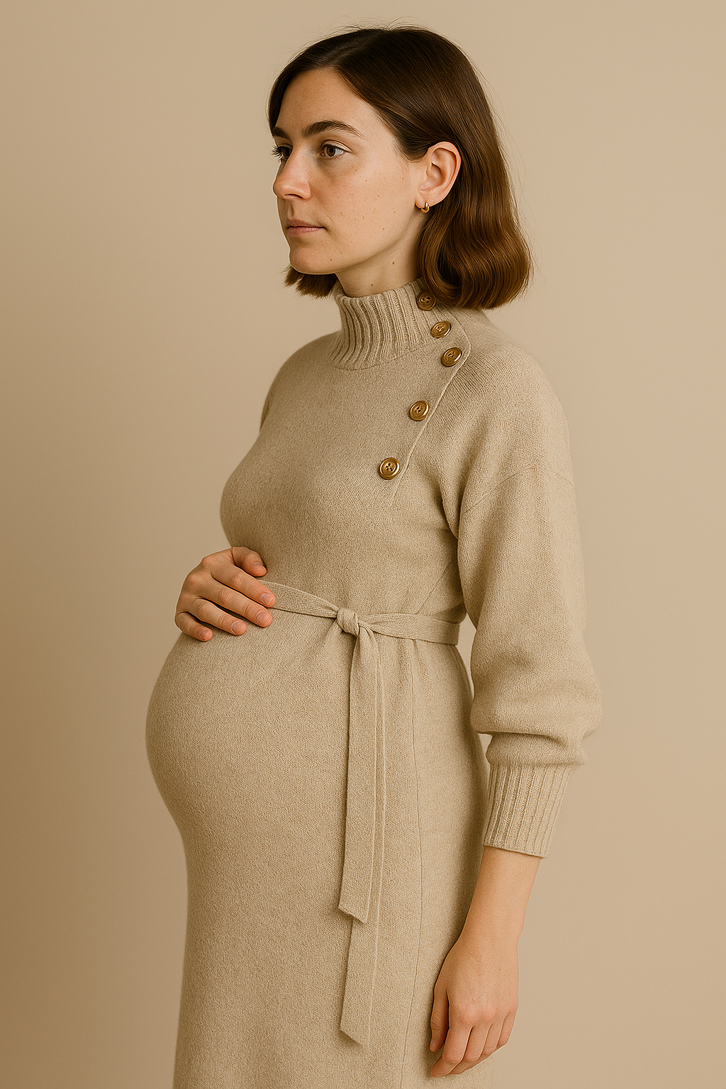 Funnel Neck Sweater Dress for Women in Apricot