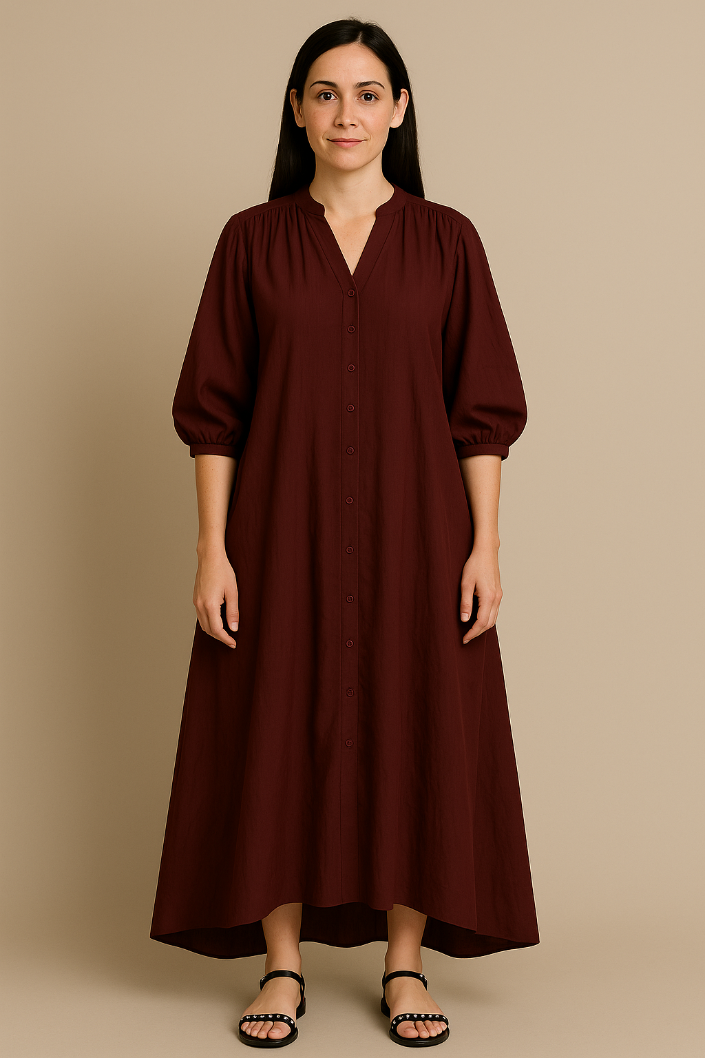 Women's Oversized Wine Red Pleated Maxi Dress