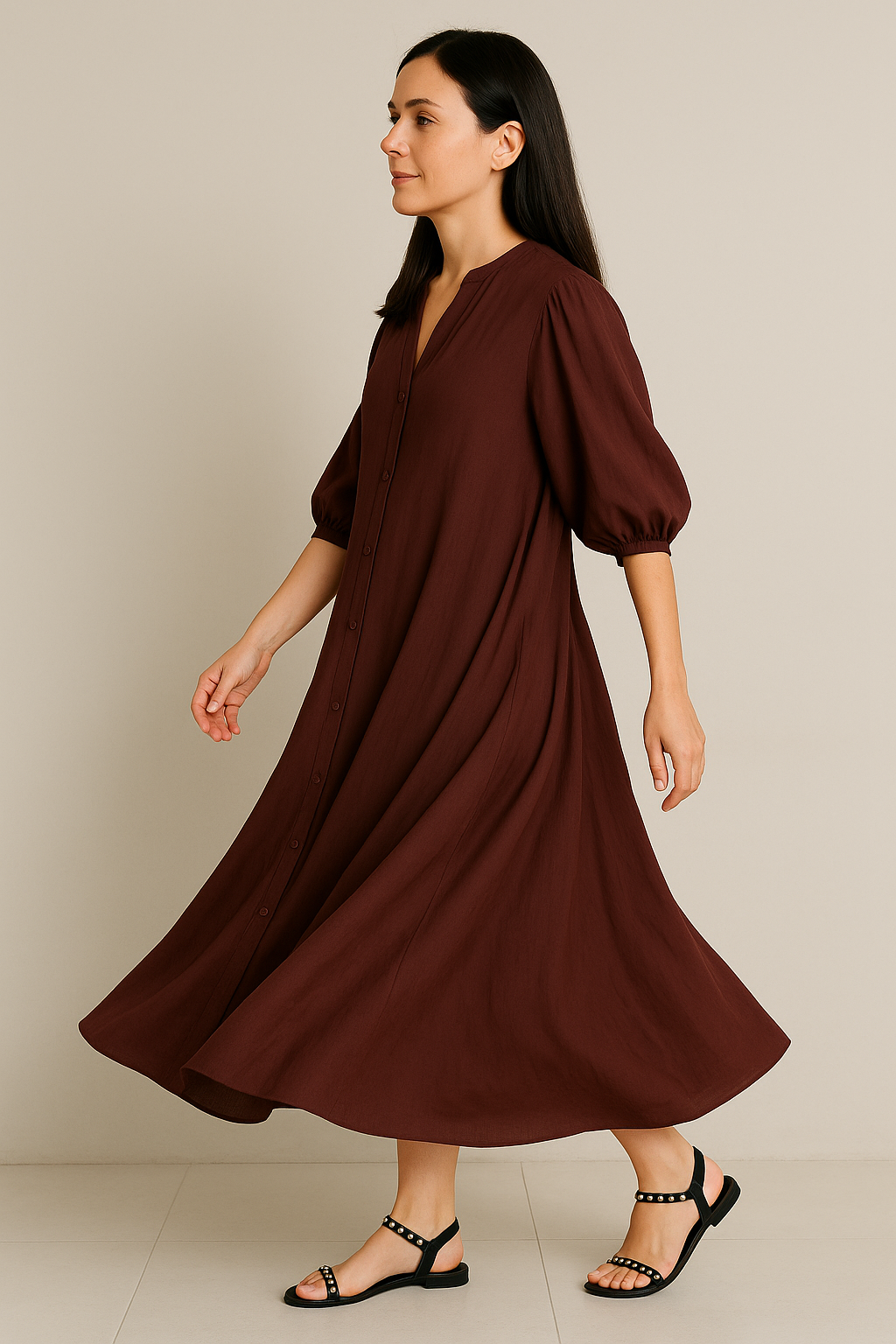 Women's Oversized Wine Red Pleated Maxi Dress