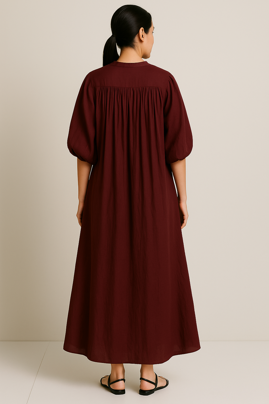 Women's Oversized Wine Red Pleated Maxi Dress