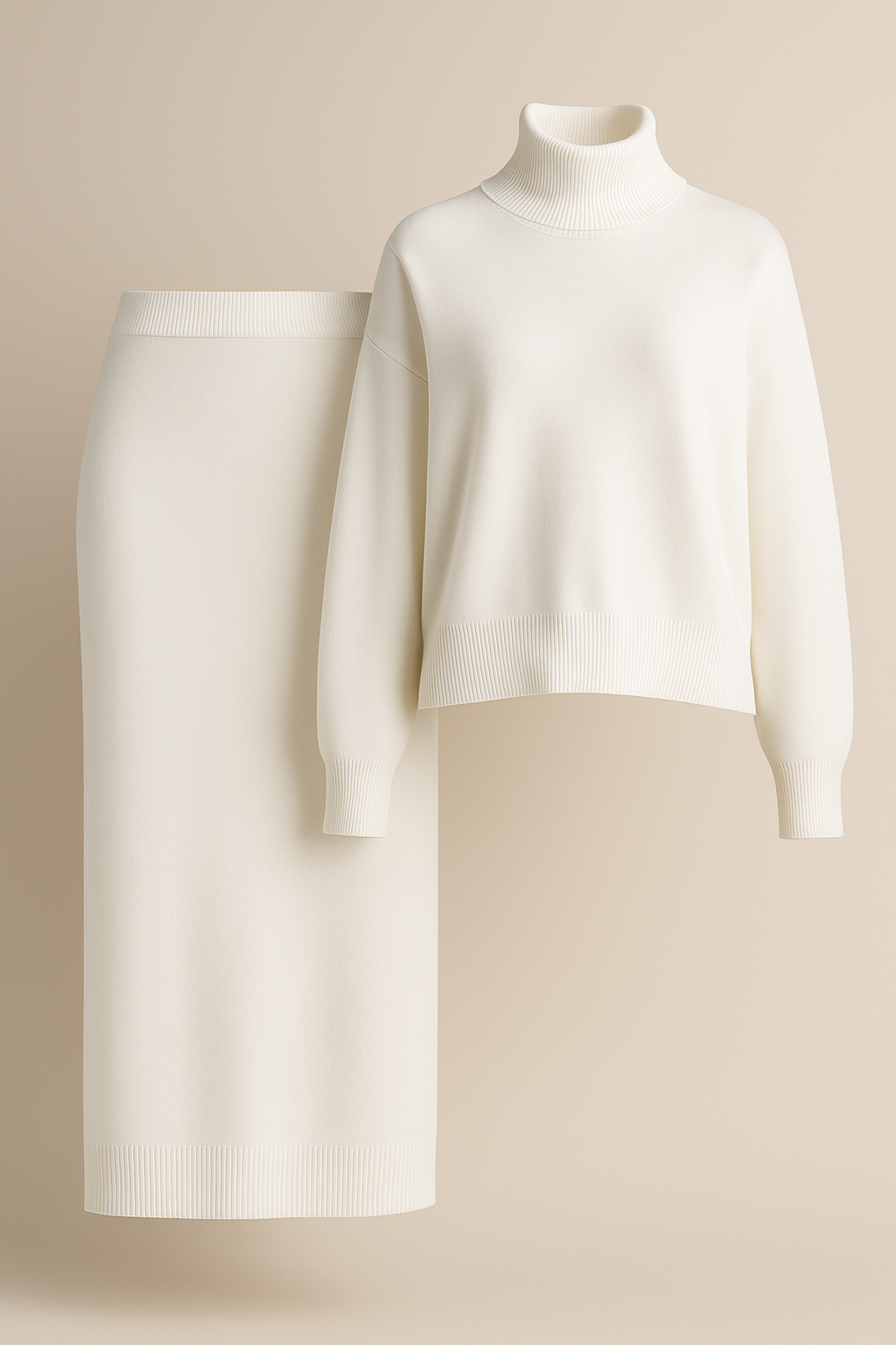 White Knitted Turtleneck Sweater and Skirt Set