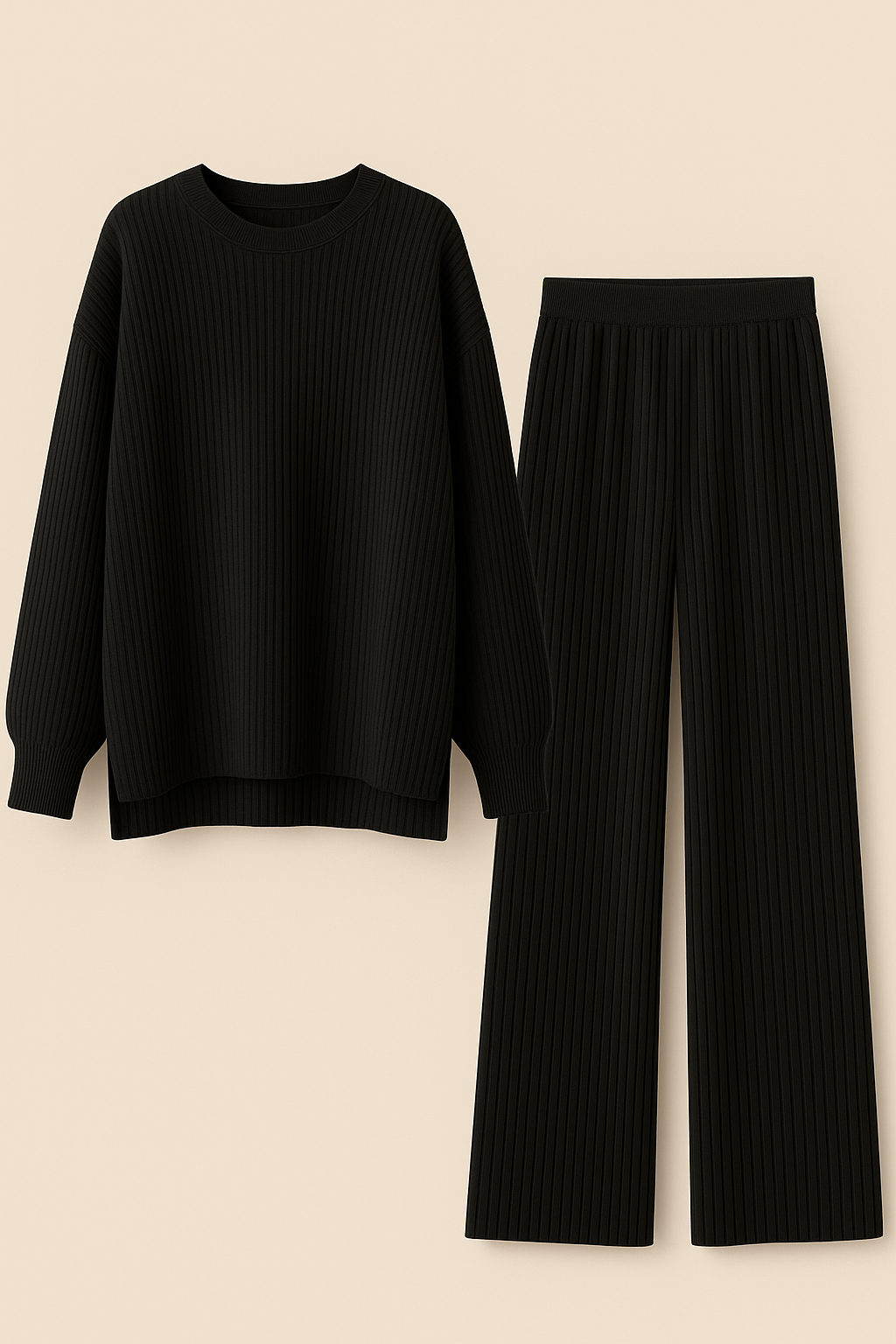 Black Rib Knit Lounge Loose Set