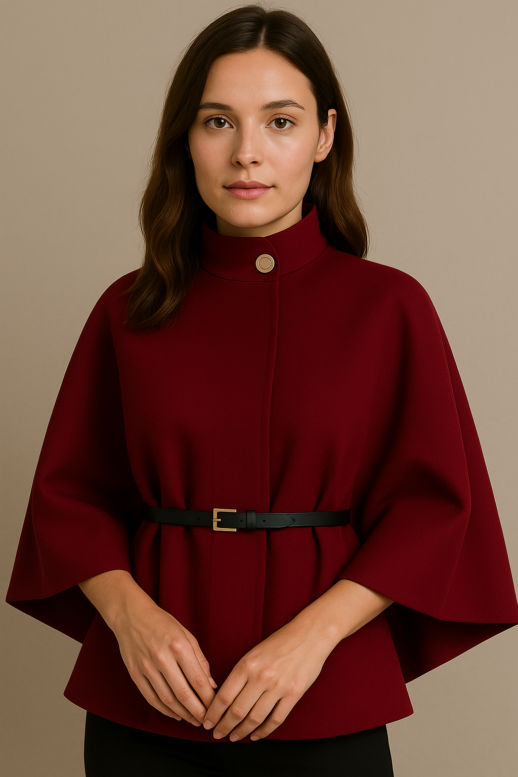 Stand Collar Wool Cloak Coat with Belt in Burgundy