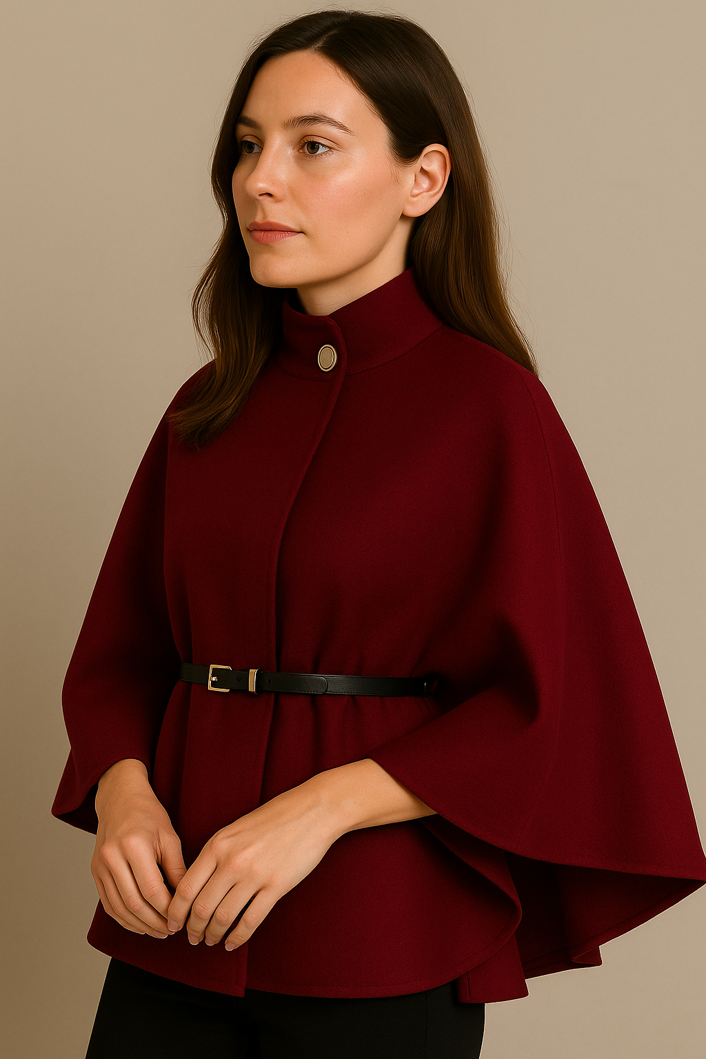 Stand Collar Wool Cloak Coat with Belt in Burgundy