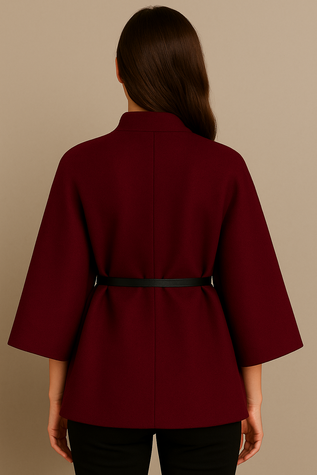 Stand Collar Wool Cloak Coat with Belt in Burgundy