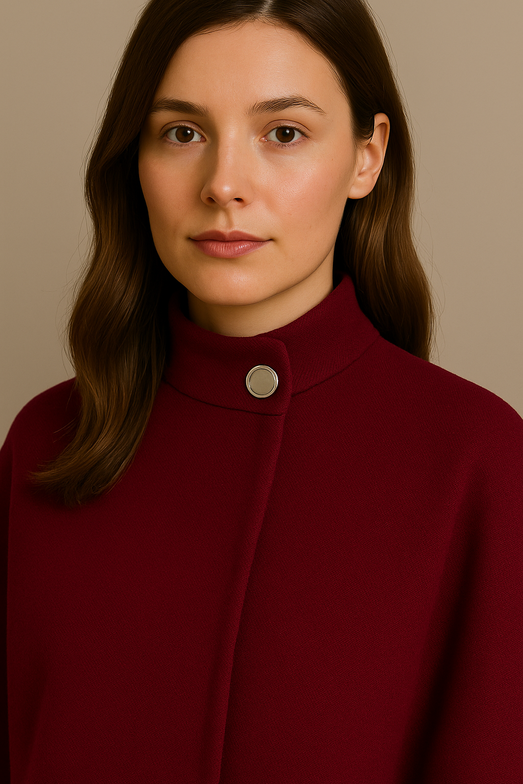 Stand Collar Wool Cloak Coat with Belt in Burgundy
