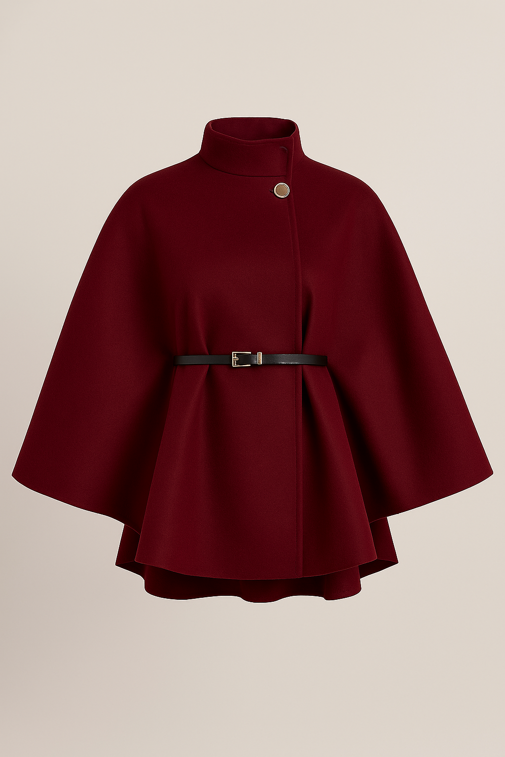 Stand Collar Wool Cloak Coat with Belt in Burgundy