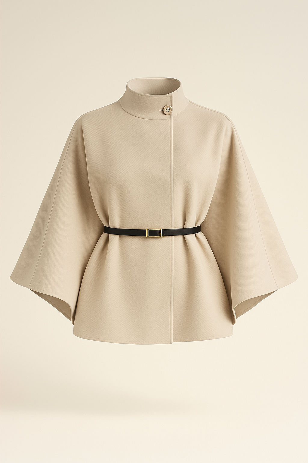 Stand Collar Wool Cloak Coat with Belt in Khaki