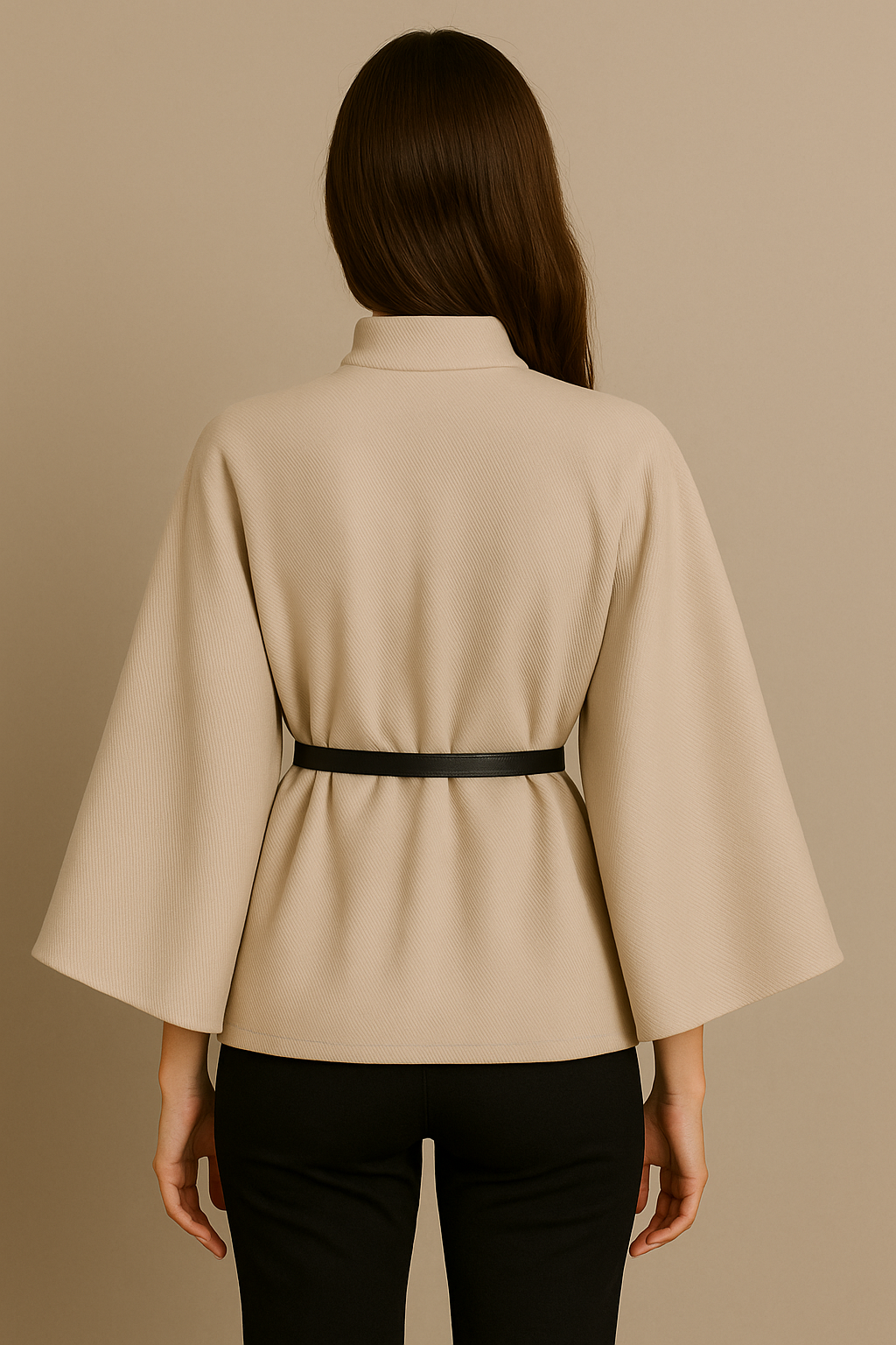 Stand Collar Wool Cloak Coat with Belt in Khaki