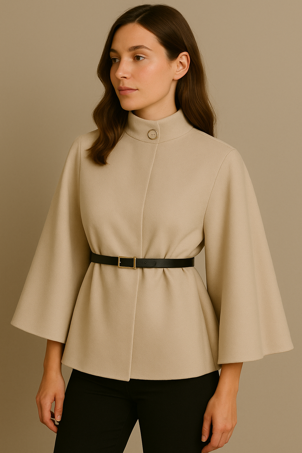Stand Collar Wool Cloak Coat with Belt in Khaki
