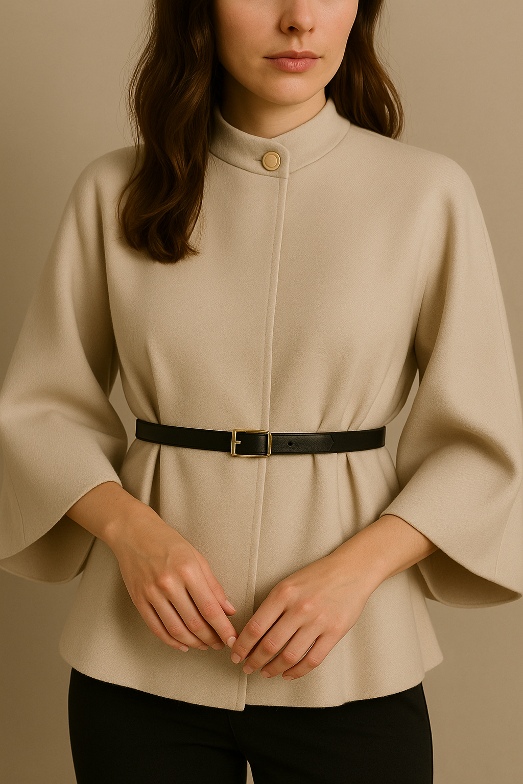 Stand Collar Wool Cloak Coat with Belt in Khaki